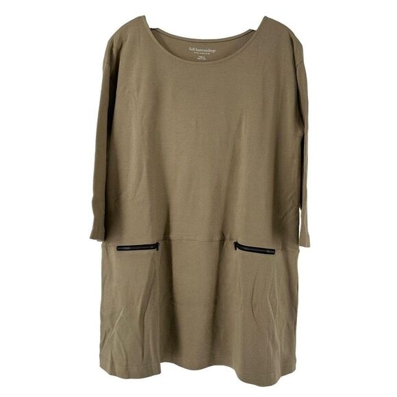 Soft Surroundings Tunic Brown 3/4 Sleeve Boat Neck Size Petite M Faux Zip Pocket - Picture 1 of 6